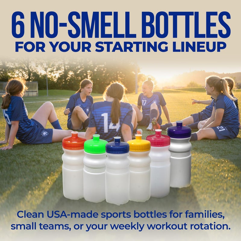 Rolling Sands USA Made 20 Ounce Sports Water Bottles - 6-Pack BPA-Free Blank Sports Bottles for Small Teams, Adults & Kids - Clear Frost Bottle/Clear Lid, No Smell No Taste - Image 2